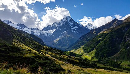 Obraz premium Mountain valley panorama with snow-capped peak