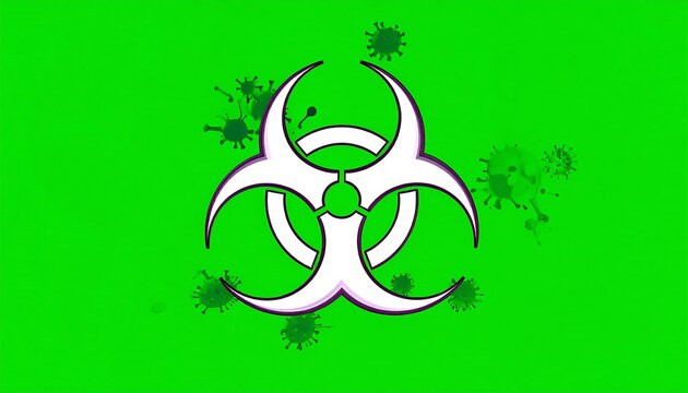A white biohazard symbol with purple outline, surrounded by scattered virus particles on a bright green background