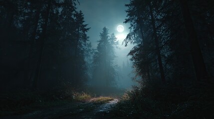 Fototapeta premium Mystical moonlit forest path emerges from deep shadows, bathed in ethereal glow, evoking wonder and adventure.