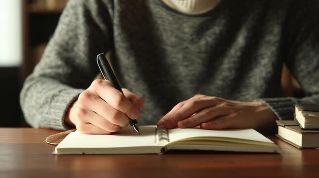 A person diligently writing in a notebook with a pen.