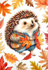 Ein niedlicher Igel im Herbstoutfit hält ein Blatt in den Pfoten, umgeben von buntem Laub – charmante Herbstillustration mit Charakter. Generative KI