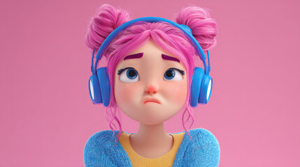 Fototapeta premium Creative Cartoon Character With Pink Hair and Headphones in a Playful Setting Exuding Emotion During Music Listening Session 