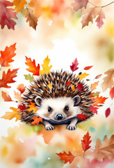 Ein niedlicher Igel liegt im bunten Herbstlaub, umgeben von warmen Farben und fallenden Blättern – stimmungsvolle Herbstillustration. Generative KI