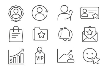 Loyalty Icons Set. Line style icons of loyalty and repeat sales: loyal customer badge, repeat buyer icon, returning client symbol,