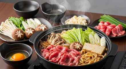 Japanese Sukiyaki Hot Pot Meal with Fresh Ingredients.