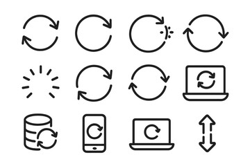 Sync & Refresh Icons. Line style icons of synchronization & refresh actions: sync arrows, refresh button, auto sync, cycle icon;