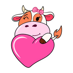 Cute Cartoon Cow Holding Heart Illustration