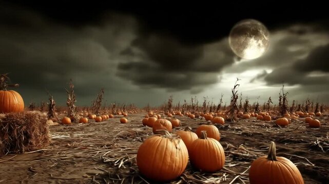 A full moon illuminates a pumpkin patch on a stormy autumn night.