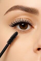 Naklejka premium Close up of a woman applying black mascara to enhance her long eyelashes.