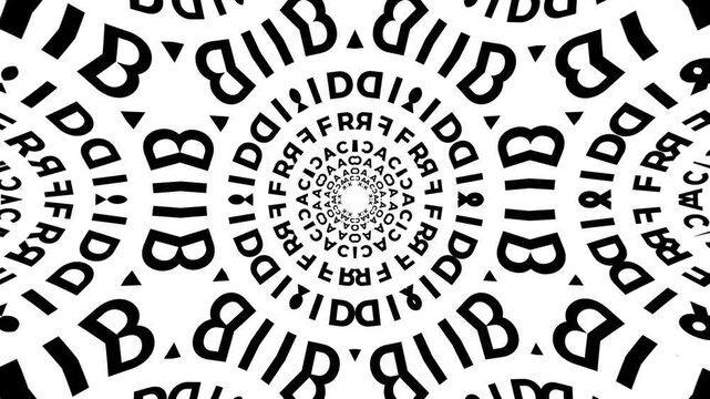 Abstract mandala kaleidoscope background of monochrome alphabet forms, hexagonal ornamental structures evolving dynamically, seamless hypnotic animation with minimalist typographic geometry.
