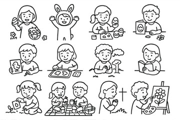 Kids' Easter Icons. Line style icons of kids’ Easter activities: egg hunt, bunny costume, decorating eggs, making cards; drawing