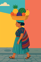 Vendedor ambulante indigena con canasta de frutas latino Guatemala mexico, honduras, colombia, el salvador,  mercado tipico