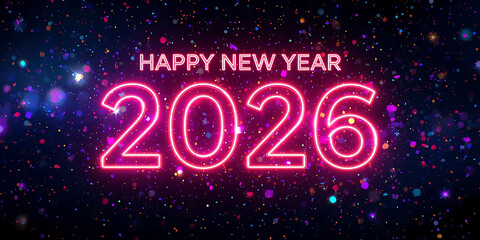 Neon pink Happy New Year 2026 text on dark starry background
