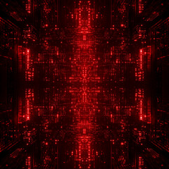 Dynamic red technology graphic showing innovation and connectivity in digital environment 