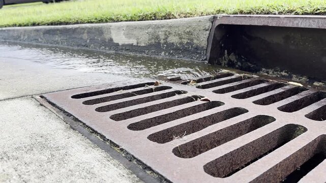 Low angle video of water running into a storm drain on a residential street following a thunderstorm