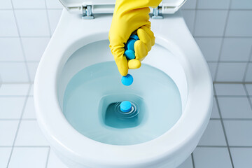 Yellow gloved hand dropping blue cleaning tablets into toilet bowl image