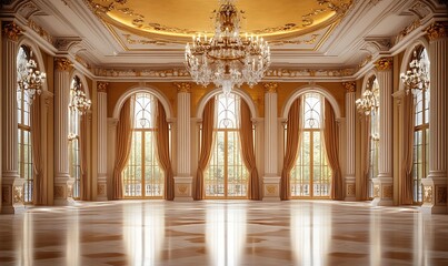 Fototapeta premium Elaborate Ballroom Interior with Expansive Windows and Ornate Chandelier Design