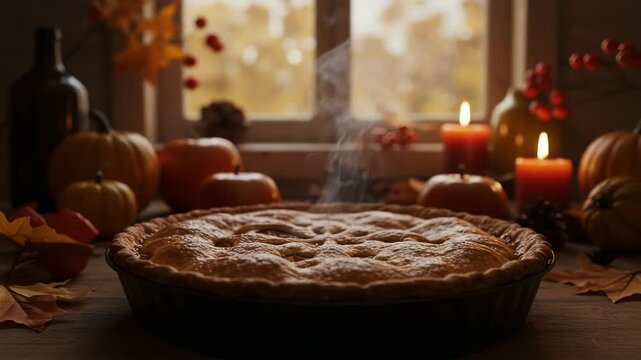 Freshly baked pumpkin pie on a wooden table with autumn decor  