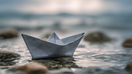 Obraz premium Paper boat origami in the sea. Selective focus. Shallow depth of field