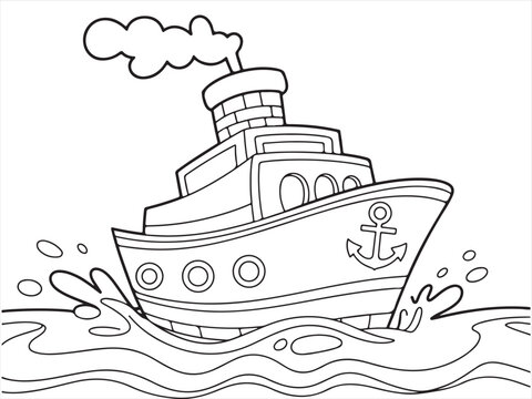 Large cruise vessel illustration black and white coloring page for children’s book