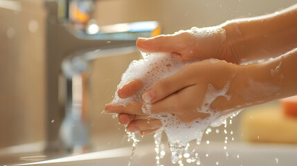 close-up of hands being washed under running water with soap, clean bathroom background, health and hygiene awareness, crystal clear image, 16:9