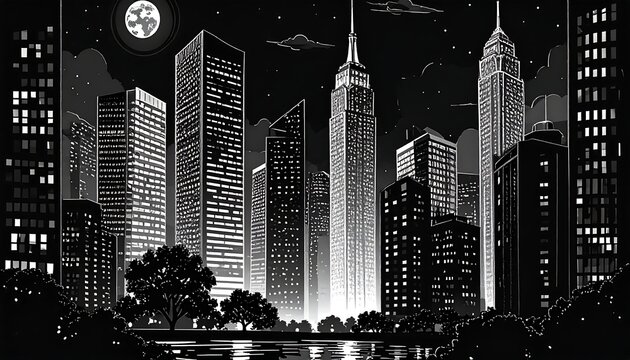 Fototapeta Cityscape at night, black and white