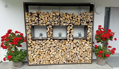 Modern outdoor firewood storage rack with stacked logs and decorative niches — metal-frame woodpile with potted plants and bright red geraniums beside a white house facade, Scandinavian exterior decor