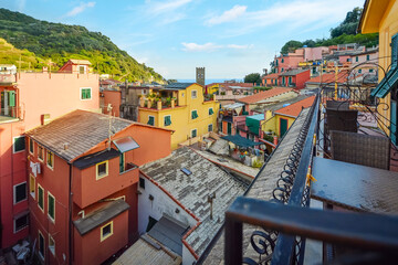 Balcony view of the rooftops and alleys of the colorful seaside village of Monterosso al Mare,...