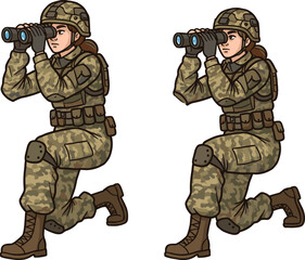 Camouflage soldier kneeling with binoculars for surveillance, military scout observing in field gear, tactical army illustration for defense concept