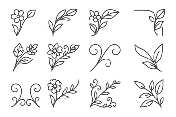 Ornamental Floral Corners. Line style icons of ornamental floral corners: blossom in corner, petal arc, leafed corner, stem swirl;