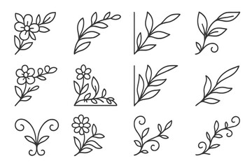 Ornamental Floral Corners. Line style icons of ornamental floral corners: blossom in corner, petal arc, leafed corner, stem swirl;
