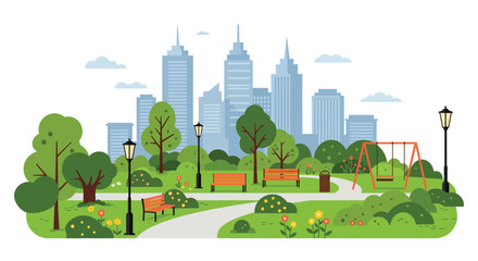 city skyline view from vibrant green park area © mst