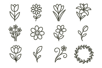 Spring Flower Icons. Line style icons of spring flowers and blooms: tulip, daisy, crocus, lily; wildflower bunch, open blossom,