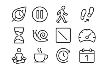 Intentional Living Icons. Line style icons of slow living and intentional pace: leaf with clock, pause button, relaxed walk, small