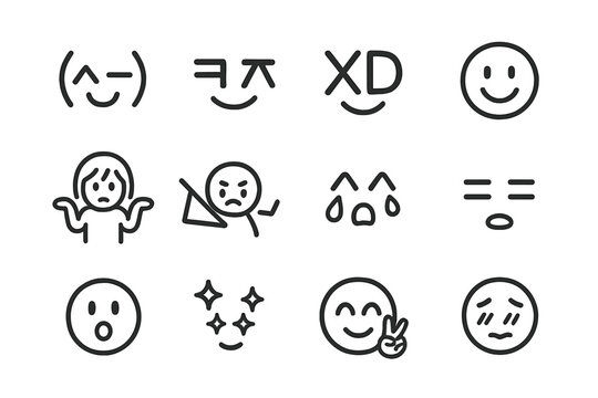 Line Style Emoticons. Line style icons of regional style emoticons: Japanese kaomoji face, Korean hangul smile, Western XD,