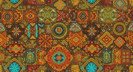 Vibrant Patchwork of Geometric and Floral Designs in Warm Tones.