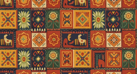 Colorful Folk Art Pattern with Geometric and Floral Motifs.