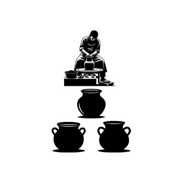potter shaping clay pot black and white clip art preview