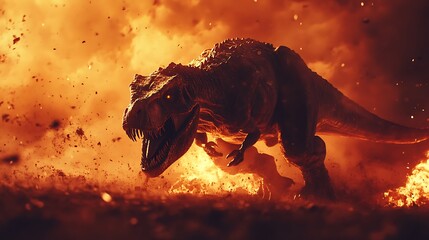 Fierce tyrannosaurus rex dinosaur silhouette emerges from intense fiery explosion and smoke