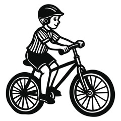 Naklejka premium Vector art of boy wearing a helmet riding a bicycle with enthusiasm, enjoying an outdoor activity