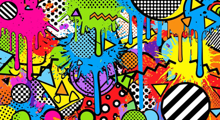 Vibrant Abstract Art with Geometric Shapes and Drip Effects in Bold Colors.