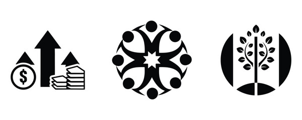 Three black icons representing growth finance community and nature