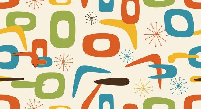 Retro Atomic Era Pattern with Boomerangs and Starbursts.