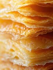 Layers of golden pastry showcasing the flaky texture illuminated by warm light, highlighting the art of baking in a cozy kitchen setting