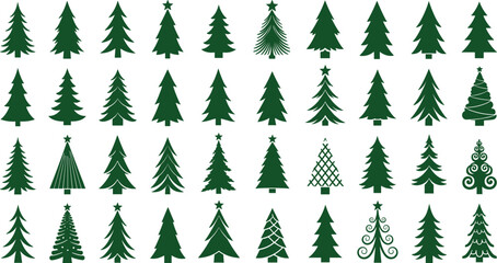 Set of 40 Unique Green Christmas Tree Icons with Decorative Styles for Holiday Design, Festive Graphics, and Seasonal Vector Illustration
