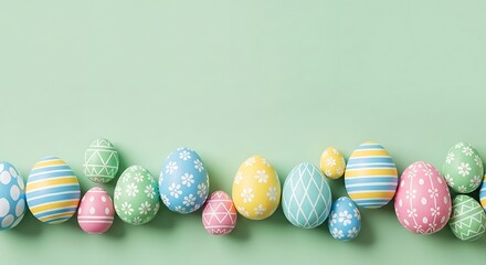 Fototapeta premium Pastel easter eggs arranged on a soft green backdrop creating a festive mood for springtime