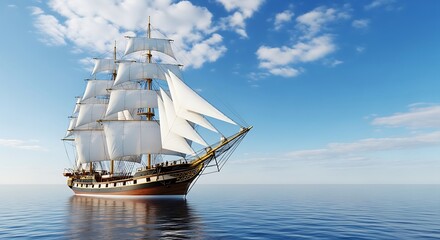 Majestic Tall Ship Sailing on the Calm Ocean.