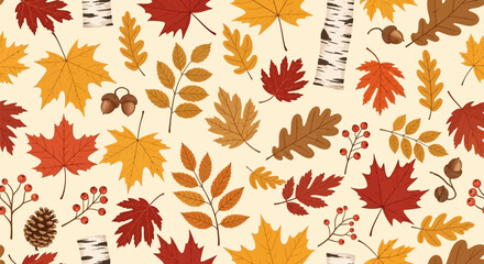 Colorful Autumn Leaves Acorns and Berries Pattern Design.