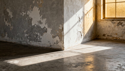 Minimalist weathered room with peeling paint wall and concrete floor