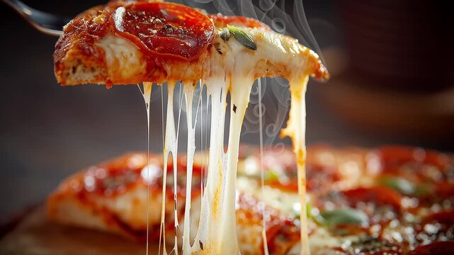 A slice of hot margherita pizza is being lifted with a serving spoon. The cheese stretches as it's lifted, and steam rises from the fresh, cooked ingredients in a dark interior.